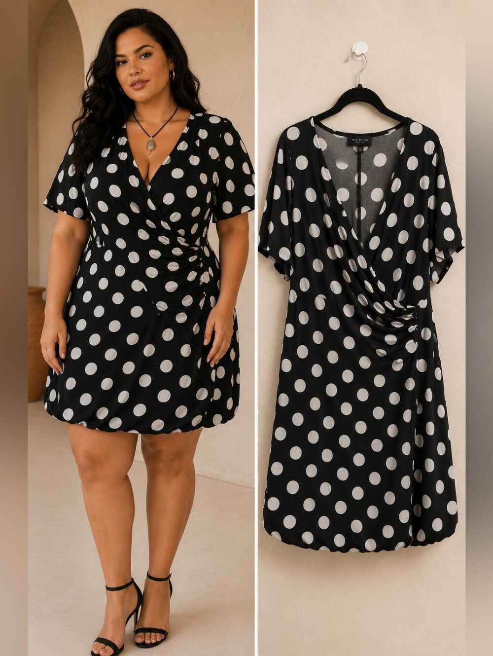 Isaac Mizrahi Plus Size Polka Dot Wrap Mini Dress - Black/White